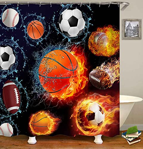 Camille&Andrew 4PCS Sports Shower Curtain Set, Water Fire Basketball Soccer Baseball American Football Cool Men Teen Boys Bathroom Decor, Waterproof Fabric Navy Blue Shower Curtain, Non-Slip Bath Mat