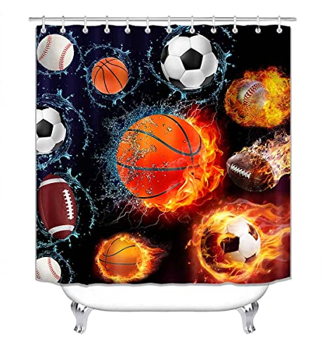 Camille&Andrew 4PCS Sports Shower Curtain Set, Water Fire Basketball Soccer Baseball American Football Cool Men Teen Boys Bathroom Decor, Waterproof Fabric Navy Blue Shower Curtain, Non-Slip Bath Mat