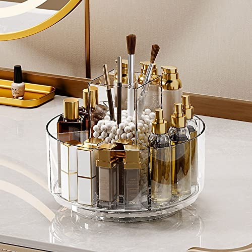 LINFIDITE 360 Rotating Makeup Organizer Spinning Cosmetic Display Cases with 5 Compartment Acrylic Clear Round Turntable Storage Tray Bathroom Counter Organizer Makeup Brush Lip Gloss Organizer Case