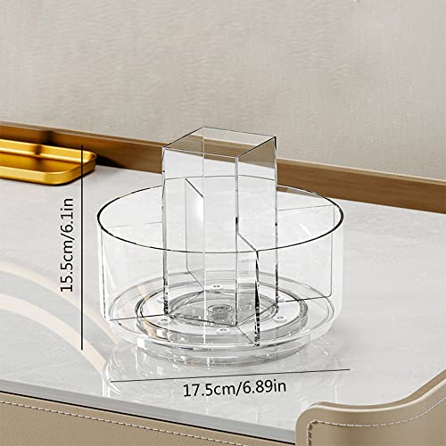 LINFIDITE 360 Rotating Makeup Organizer Spinning Cosmetic Display Cases with 5 Compartment Acrylic Clear Round Turntable Storage Tray Bathroom Counter Organizer Makeup Brush Lip Gloss Organizer Case