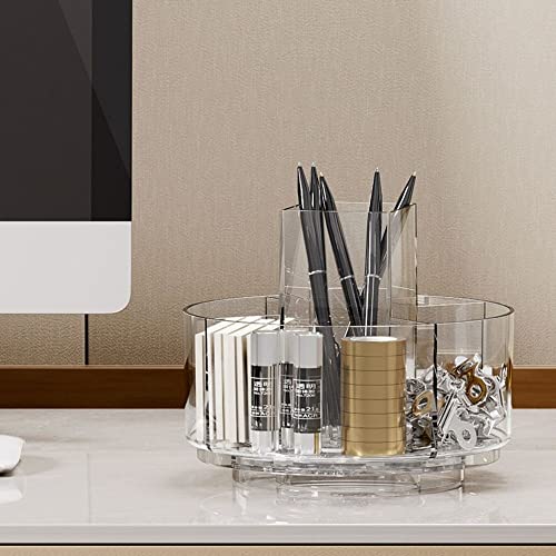 LINFIDITE 360 Rotating Makeup Organizer Spinning Cosmetic Display Cases with 5 Compartment Acrylic Clear Round Turntable Storage Tray Bathroom Counter Organizer Makeup Brush Lip Gloss Organizer Case