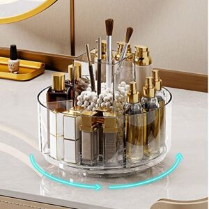 LINFIDITE 360 Rotating Makeup Organizer Spinning Cosmetic Display Cases with 5 Compartment Acrylic Clear Round Turntable Storage Tray Bathroom Counter Organizer Makeup Brush Lip Gloss Organizer Case