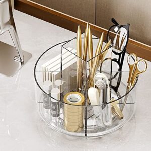 LINFIDITE 360 Rotating Makeup Organizer Spinning Cosmetic Display Cases with 5 Compartment Acrylic Clear Round Turntable Storage Tray Bathroom Counter Organizer Makeup Brush Lip Gloss Organizer Case