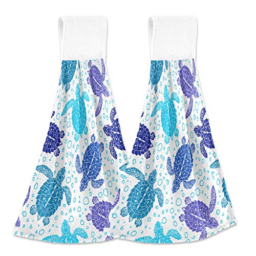 DIGTIA Summer Turtle Sea Hand Towel Kitchen 2 Pack Blue Sea Animal Bathroom Towels Tie Towel with Loop Fingertips Towel for Bathroom