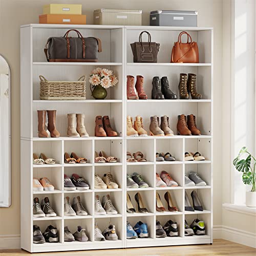 Tribesigns Shoe Cabinet, 24 Pair Freestanding Shoe Rack Storage Organizer with Side Hooks, Modern Shoe Storage Cabinet with Shelves for Hallway Bedroom Closet Entryway (2PCS)