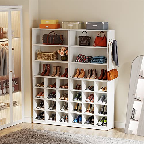 Tribesigns Shoe Cabinet, 24 Pair Freestanding Shoe Rack Storage Organizer with Side Hooks, Modern Shoe Storage Cabinet with Shelves for Hallway Bedroom Closet Entryway (2PCS)