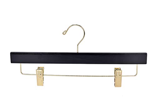 Quality Hangers Black Wooden Pants Hangers - 20-Pack Swivel Hook Cloth Hanger Set - Lotus Wood Skirt, Pant, Shorts and Slack Hangers with Adjustable Clip – Black Clothing Hanger (Gold Hook, 20)