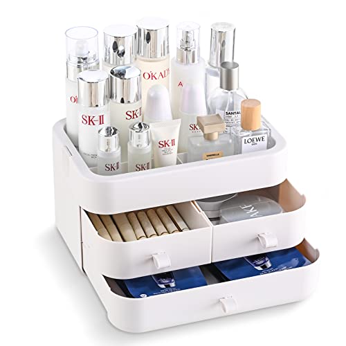 Makeup Organizer for Vanity, Cosmetic Display Case, Makeup Storage Organzier with 3 Drawers for Bathroom Countertop, Cosmetic Storage for Skin Care, Brushes, Eyeshadow, Lotions, Lipstick, Nail Polish