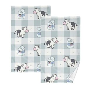 alaza cute cow print animal blue buffalo plaid hand towels for bathroom 1oo% cotton 2 pcs face towel 16 x 28 inch, absorbent soft & skin-friendly