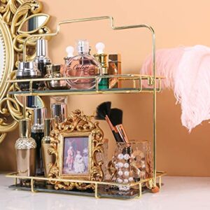 Z PLINRISE Makeup Organizer, 2 Tier Bathroom Organizer Cosmetic Storage Shelf for Dresser and Countertop, Decorative Wire Vanity Organizer Basket with Marbling Glass Tray (Black)