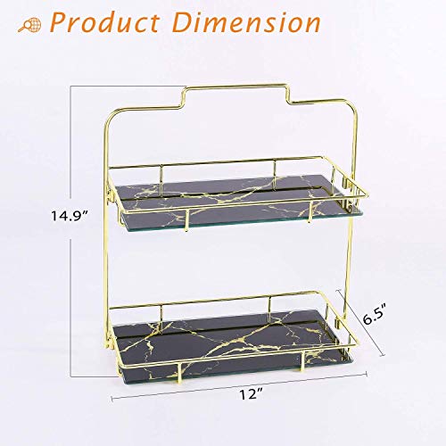 Z PLINRISE Makeup Organizer, 2 Tier Bathroom Organizer Cosmetic Storage Shelf for Dresser and Countertop, Decorative Wire Vanity Organizer Basket with Marbling Glass Tray (Black)