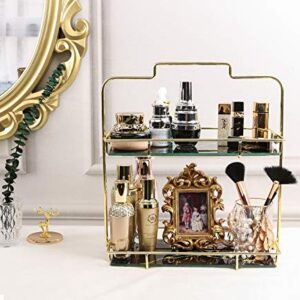 Z PLINRISE Makeup Organizer, 2 Tier Bathroom Organizer Cosmetic Storage Shelf for Dresser and Countertop, Decorative Wire Vanity Organizer Basket with Marbling Glass Tray (Black)