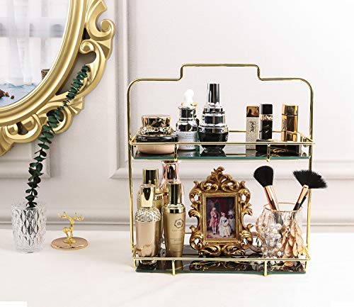 Z PLINRISE Makeup Organizer, 2 Tier Bathroom Organizer Cosmetic Storage Shelf for Dresser and Countertop, Decorative Wire Vanity Organizer Basket with Marbling Glass Tray (Black)