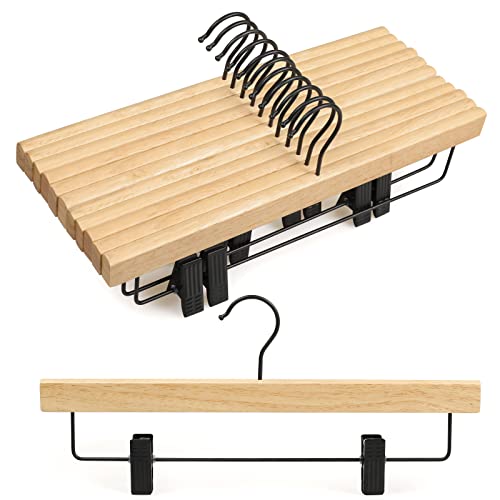 TOPIA HANGER Pants Hangers 10 Pack, Wooden Clothes Hangers with Black Clips and Rotatable Hook, Durable Natural Rubber Wood Hangers for Skirts, Pants, Jeans, Shorts - CTS02N