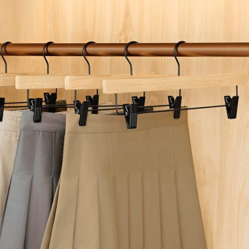 TOPIA HANGER Pants Hangers 10 Pack, Wooden Clothes Hangers with Black Clips and Rotatable Hook, Durable Natural Rubber Wood Hangers for Skirts, Pants, Jeans, Shorts - CTS02N