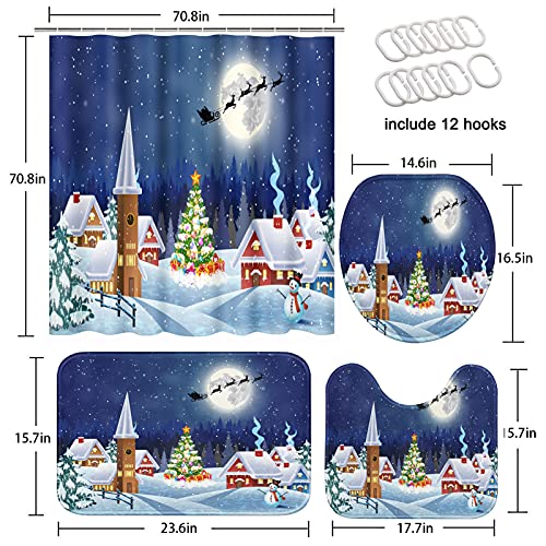 ArtSocket 4 Pcs Shower Curtain Set House Snowy Christmas Landscape Night with Non-Slip Rugs Toilet Lid Cover and Bath Mat Bathroom Decor Set 72" x 72"