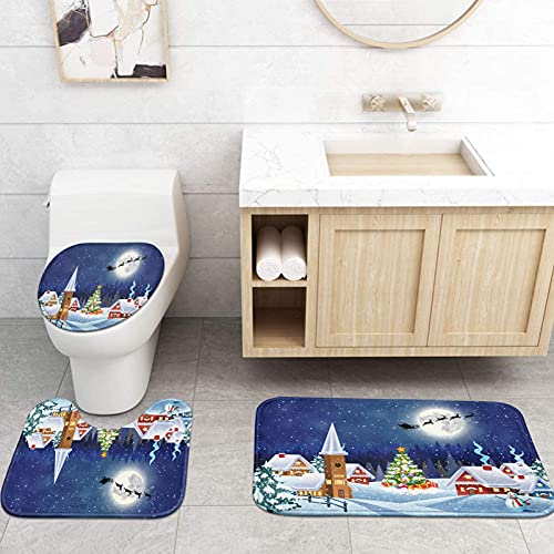 ArtSocket 4 Pcs Shower Curtain Set House Snowy Christmas Landscape Night with Non-Slip Rugs Toilet Lid Cover and Bath Mat Bathroom Decor Set 72" x 72"