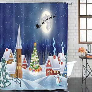 ArtSocket 4 Pcs Shower Curtain Set House Snowy Christmas Landscape Night with Non-Slip Rugs Toilet Lid Cover and Bath Mat Bathroom Decor Set 72" x 72"