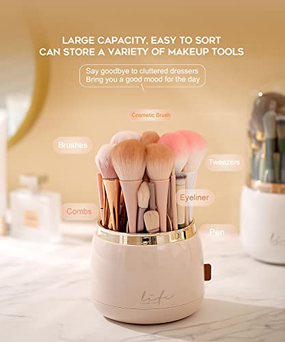 Y.duck Pink Makeup Brush Holder with Lid - 360 Rotating Makeup Organizer for Vanity - Dustproof Make Up Organizers and Storage-With Makeup Brush Cleaner Mat (White)