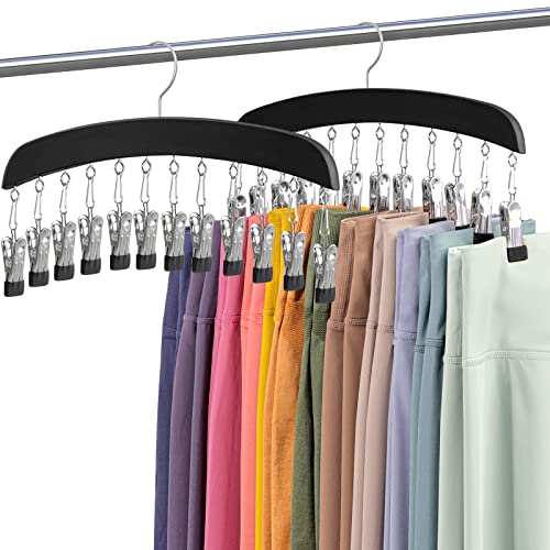 Leggings Hanger Organizer, MEILIDY 2 Packs Closet Wooden Leggings Hangers with 24 Clips Space Saving Pants Clip Hangers with 360° Swivel Hook for Shorts Skirts Scarves Hats Tanks - Black