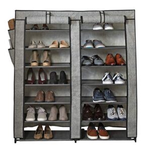 simplify 7 tier double wide 14 shelf shoe storage closet organizer rack with cover and side pockets, freestanding, holds 42 pairs, good for sneakers, flats, heels & boots, black