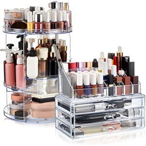 maitys set of 2 360° rotating makeup organizer and cosmetic display cases 3 drawers stackable storage box adjustable cosmetic storage display case for jewelry accessories lipsticks, clear transparent