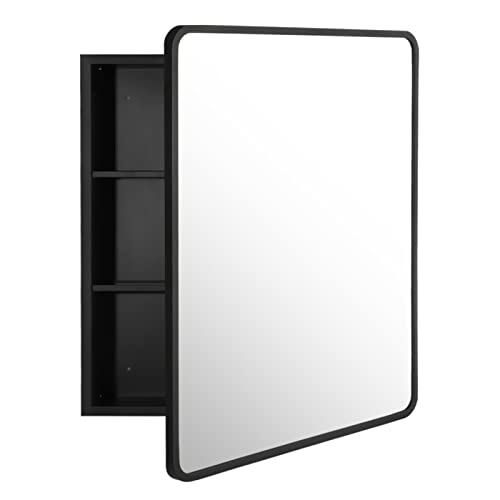 Movo 24 Inch x 30 Inch Black Metal Framed Bathroom Mirror Medicine Cabinet Rectangle Tilting Beveled Vanity Mirrors Recess or Surface Mount Installation