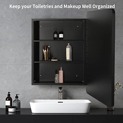 Movo 24 Inch x 30 Inch Black Metal Framed Bathroom Mirror Medicine Cabinet Rectangle Tilting Beveled Vanity Mirrors Recess or Surface Mount Installation