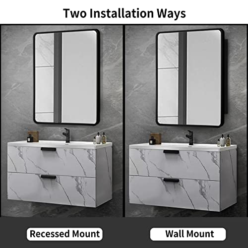 Movo 24 Inch x 30 Inch Black Metal Framed Bathroom Mirror Medicine Cabinet Rectangle Tilting Beveled Vanity Mirrors Recess or Surface Mount Installation