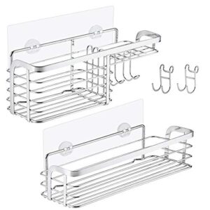 lagute 2-pack shower caddy, combined bathroom shelf with soap dish and hooks for razor, brush, sponge, shampoo, wall mounted rustproof deep basket with adhesive, no drilling, sus 304 stainless steel