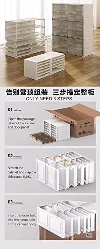 Foldable Shoe Rack Cabinet Organizer with Pocket and Storage, Portable Shoe Rack for Entry Way, Shoe Boxes, Fast Easy Assemble Shoe Cabinet, One Piece Sturdy Plastic Shelf, Clear Brown Doors, 6 Tiers