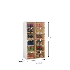 Foldable Shoe Rack Cabinet Organizer with Pocket and Storage, Portable Shoe Rack for Entry Way, Shoe Boxes, Fast Easy Assemble Shoe Cabinet, One Piece Sturdy Plastic Shelf, Clear Brown Doors, 6 Tiers