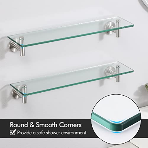 KES Bathroom Glass Shelf Rectangular 20-Inch Floating Glass Shelves 2 Pack with Rustproof Stainless Steel Brackets Wall Mounted Brushed Finish, A2021-2-P2