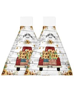 rural country red truck yellow blooming sunflower and bees hanging tie towel for kitchen bathroom, 2 pack durable absorbent hand towels hangable washing cloths home cleaning decor wood plank