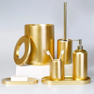 victoria elit bathroom set 6 pieces in gold color / dustbin, toilet brush, towel holder, soap dispenser, toothbrush holder and soap tray / resin metarial