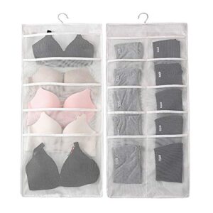 home closet hanging organizer mesh pockets dual sided wall shelf wardrobe storage bags for bra underwear socks jewelry gadget included 2 hooks 2 clothes hanger connector hooks (beige, 15 pockets)