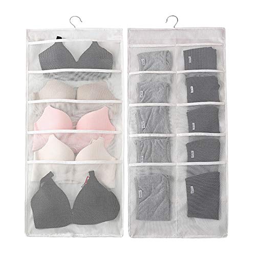 Home Closet Hanging Organizer Mesh Pockets Dual Sided Wall Shelf Wardrobe Storage Bags for Bra Underwear Socks Jewelry Gadget Included 2 Hooks 2 Clothes Hanger Connector Hooks (Beige, 15 Pockets)