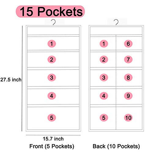 Home Closet Hanging Organizer Mesh Pockets Dual Sided Wall Shelf Wardrobe Storage Bags for Bra Underwear Socks Jewelry Gadget Included 2 Hooks 2 Clothes Hanger Connector Hooks (Beige, 15 Pockets)