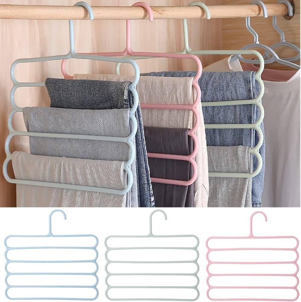 Organization and Storage, Multi-Functional 5-Layer Pants Hangers Space-Saving Non-Slip Multi-Layer Trouser Rack, College Dorm Room Essentials,Closet Storage for Jean Trousers Scarf (Blue)