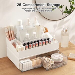 Makeup Organizer, 12-Inches Wide, 25-Compartment Holder for Cosmetics, Skin Care Products, Stackable Make Up Storage Organizer with 2 Drawers, Cosmetic Display Cases for Vanity Countertop Bathroom