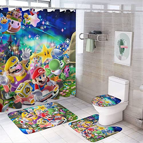 Cartoon 𝐒𝐮.𝐏𝐞𝐫 𝐌𝐚.𝐑𝐢𝐨 4 Piece Bathroom Set,𝐁.𝐑𝐨𝐬 Waterproof Shower Curtains for Bathroom Set with Shower Mat Non Slip & Toilet Lid Cover and U Shower Mat