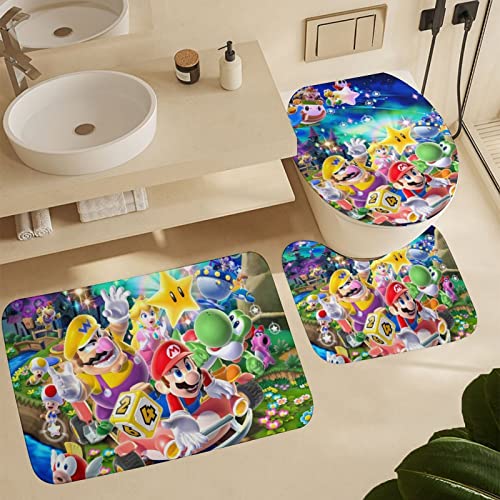 Cartoon 𝐒𝐮.𝐏𝐞𝐫 𝐌𝐚.𝐑𝐢𝐨 4 Piece Bathroom Set,𝐁.𝐑𝐨𝐬 Waterproof Shower Curtains for Bathroom Set with Shower Mat Non Slip & Toilet Lid Cover and U Shower Mat