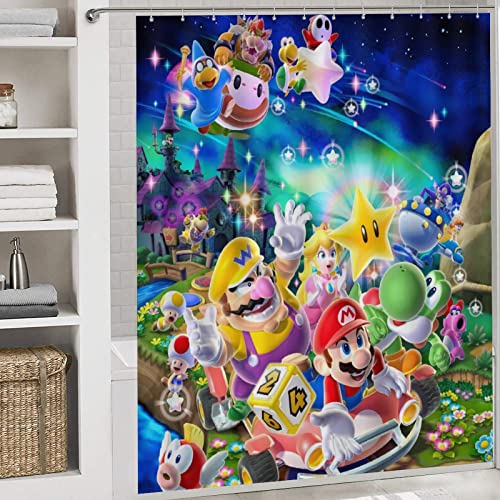 Cartoon 𝐒𝐮.𝐏𝐞𝐫 𝐌𝐚.𝐑𝐢𝐨 4 Piece Bathroom Set,𝐁.𝐑𝐨𝐬 Waterproof Shower Curtains for Bathroom Set with Shower Mat Non Slip & Toilet Lid Cover and U Shower Mat