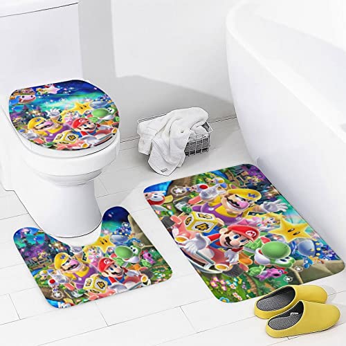 Cartoon 𝐒𝐮.𝐏𝐞𝐫 𝐌𝐚.𝐑𝐢𝐨 4 Piece Bathroom Set,𝐁.𝐑𝐨𝐬 Waterproof Shower Curtains for Bathroom Set with Shower Mat Non Slip & Toilet Lid Cover and U Shower Mat