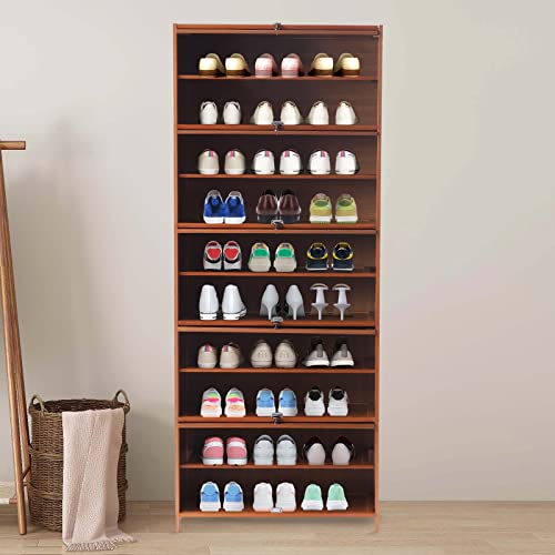 Bamboo Large Shoe Storage Cabinet, 10 Tier Freestanding Shoes Shelf Rack,Tall Shoe Storage Cabinet for 30 Pairs Entryway Hallway Living Room Bedroom(70CM)