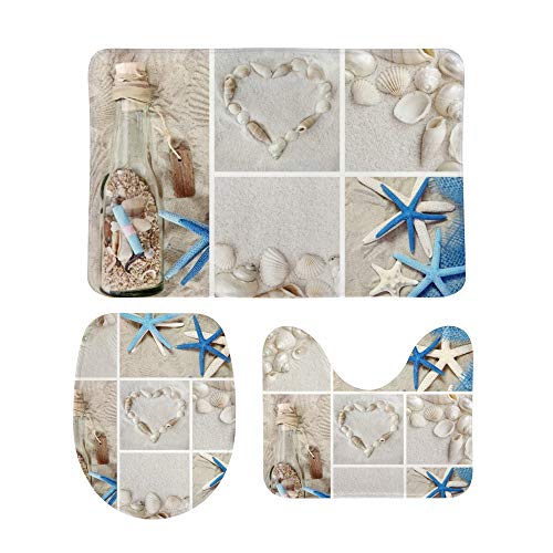 Apular Fashion 3 Piece Bath Rugs Set Starfish Seashells Beach Theme Printed Non Slip Ultra Soft Bathroom Mats, U Shape Mat and Toilet Lid Cover Mat Bath Mats