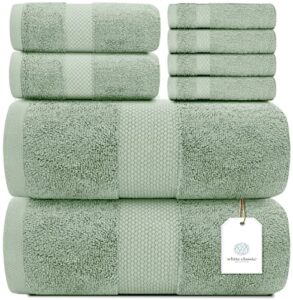 white classic luxury green bath towel set - combed cotton hotel quality absorbent 8 piece towels | 2 bath towels | 2 hand towels | 4 washcloths [worth $72.95] 8 pack | green