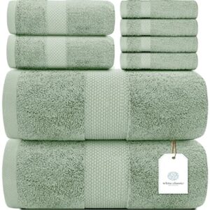 White Classic Luxury Green Bath Towel Set - Combed Cotton Hotel Quality Absorbent 8 Piece Towels | 2 Bath Towels | 2 Hand Towels | 4 Washcloths [Worth $72.95] 8 Pack | Green