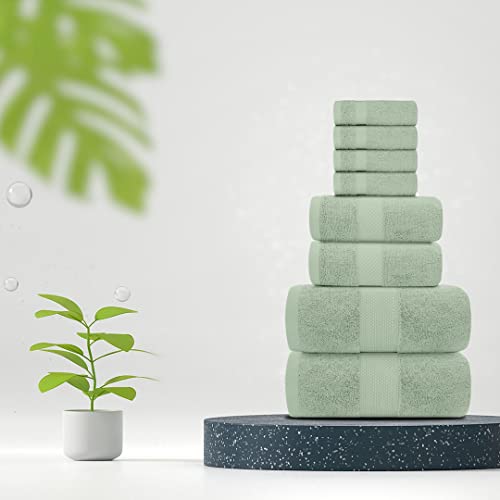 White Classic Luxury Green Bath Towel Set - Combed Cotton Hotel Quality Absorbent 8 Piece Towels | 2 Bath Towels | 2 Hand Towels | 4 Washcloths [Worth $72.95] 8 Pack | Green