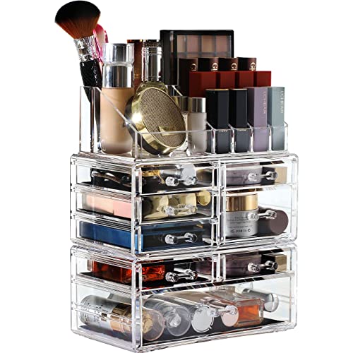 Cq acrylic Makeup Organizer Skin Care Large Clear Cosmetic Display Cases Stackable Storage Box With 8 Drawers For Vanity,Set of 3